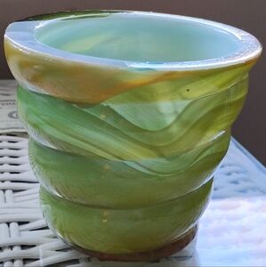 Akra Agate 4 in. Green / White Glass Vase or Pot Vintage 1940s